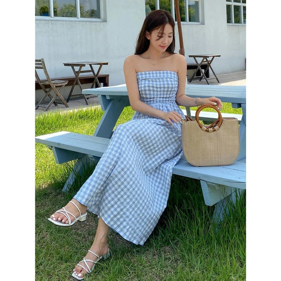 blue white Gingham Print Tube maxi Dress - Picture 5 of 6